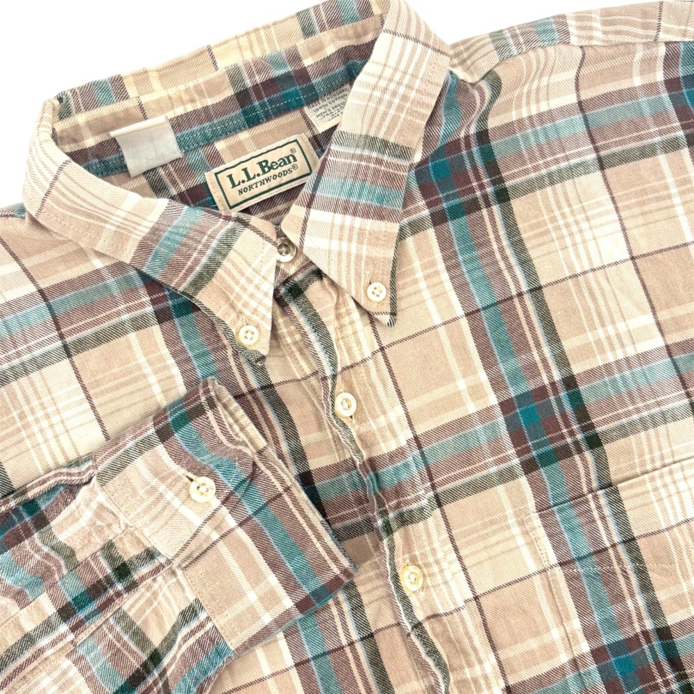 LL Bean Northwoods Mens XL Plaid Button Down Shirt Tan Teal Cotton Long Sleeve